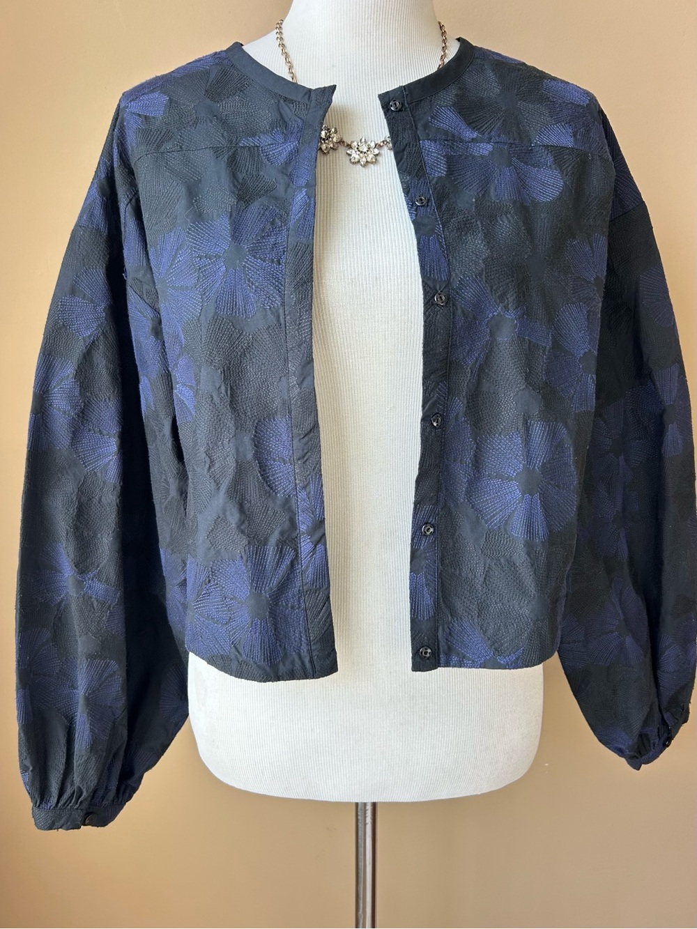 Merlette Embroidered Puff Sleeve Peasant Top Jacket Cotton Blue Black Size M